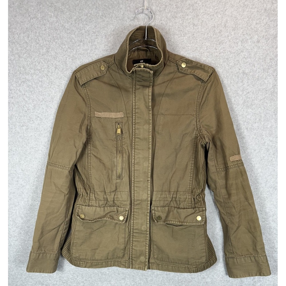 H&M Jacket‎ Womens 6 Olive Green Utility Military Style Cotton Zip Pockets